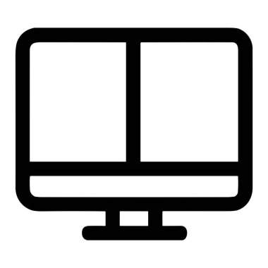 Bölünmüş ekranlı bir masaüstü monitörünün basit bir siyah dış hat simgesi. Bu vektör grafiği çoklu görev, çift pencere veya kullanıcı arayüzleri için yan yana görüntü düzenini temsil eder.