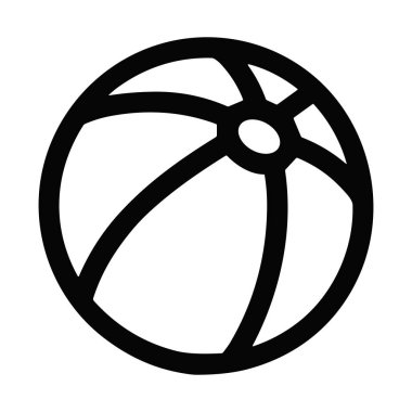 Plaj topunun basit bir siyah çizgi sanat simgesi. Bu minimalist vektör grafiği yazı, tatili ve eğlenceyi temsil ediyor. Kolay kullanım için beyaz bir arkaplanda izole.