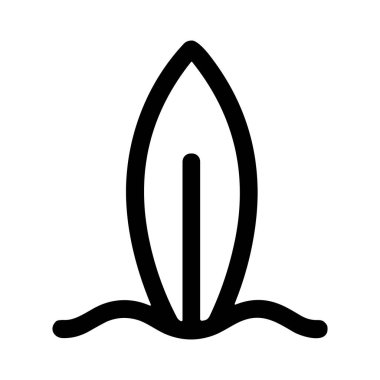 Sörf tahtasının, suyu temsil eden tek bir dalgalı çizgi üzerinde duran basit bir siyah taslak simgesi. Bu minimalist vektör grafiği beyaz bir arkaplanda izole edilmiştir ve sörf, yaz ve plaj sporlarını sembolize eder..