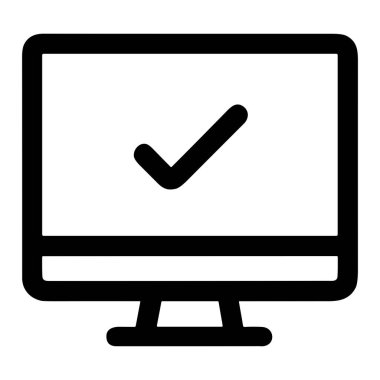 A minimalist black line icon of a desktop computer screen with a bold checkmark in the center. This graphic represents concepts like system verification, successful updates, completed tasks, or online approval.