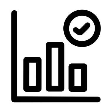 Bir çubuk grafiğinin başarı işaretli basit bir çizgi simgesi, veri doğrulamasını, olumlu sonuçları, iş analizlerini sembolize eder ve hedeflere ulaşır.
