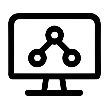 Bir bilgisayar monitörünün ağ diyagramını gösteren basit bir siyah çizgi simgesi. Veri görselleştirme, analiz, bağlantı ve dijital ağları temsil eder. Minimalist vektör grafiği.