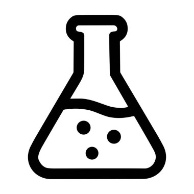 Bilimsel bir Erlenmeyer şişesinin minimalist siyah-beyaz vektör çizimi. Beher, laboratuvar deneyi için köpüren kimyasal bir çözüm içeriyor..