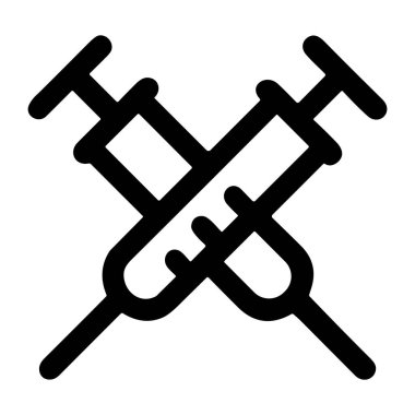 İki çapraz derialtı iğnesinin minimalist vektör grafiği. Beyaz arka planda izole edilmiş tıbbi enjeksiyon, aşı veya uyuşturucu kullanımı için evrensel bir işaret..