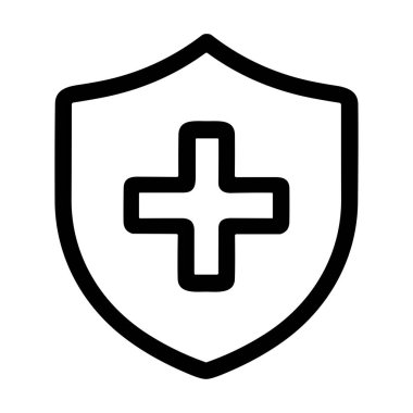 İçinde artı işareti olan basit bir siyah çizgi simgesi tıbbi bakım, sağlık sigortası, güvenlik ve korumayı sembolize ediyor. Beyaz bir arkaplanda izole edilmiş.