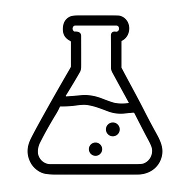Konik şişenin minimalist bir simgesi, Erlenmeyer şişesi olarak da bilinir. Basit siyah tasarım, içinde baloncuklar olan bir sıvıyı gösteriyor. Bu kimyasal bir reaksiyonu ya da bilimsel deneyi temsil ediyor. Beyaz bir arkaplanda izole edilmiş.