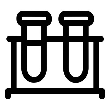 Bir minimalist siyah çizgi ikonu, tutucu rafında duran iki laboratuvar deney tüpünü tasvir ediyor. Bu basit vektör grafiği bilim, kimya ve tıbbi araştırmaları temsil eder..