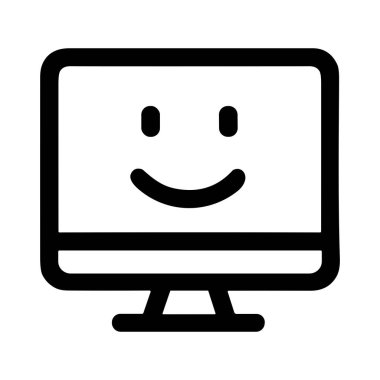 Bir masaüstü bilgisayar ekranının minimalist siyah beyaz vektör grafiği. Ekranda, kullanıcı memnuniyetini veya dostça teknolojiyi temsil eden basit bir gülen yüz gösteriliyor.
