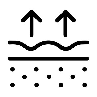 Buharlaşmayı tasvir eden minimalist siyah beyaz bir simge. Sıvı yüzeyi olan bir maddenin katmanlarını ve havaya yükselen nemi veya buharı gösteren okları gösteriyor..