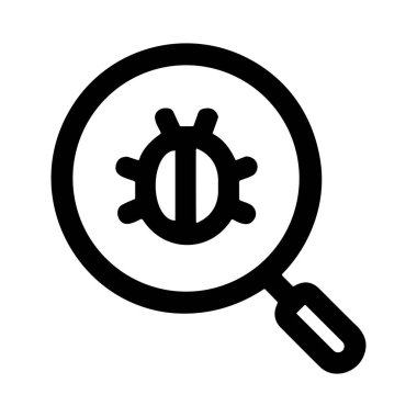 A simple black and white line icon showing a magnifying glass focused on a bug, symbolizing software testing, debugging, quality assurance, and virus detection.