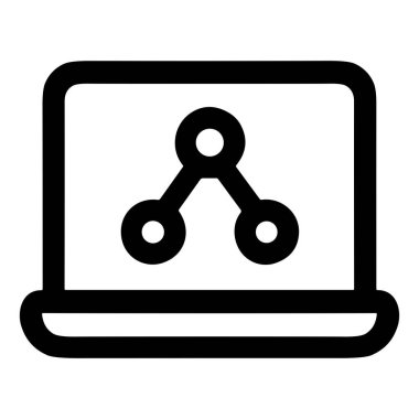 Minimalist line icon of a laptop displaying a network or sharing symbol. Isolated vector graphic representing digital connectivity, data sharing, online collaboration, and technology.