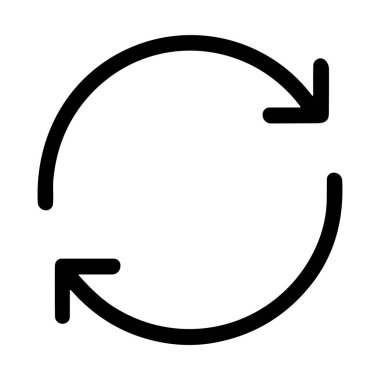 A simple black and white line icon of two arrows in a circle, symbolizing refresh, reload, repeat, update, and synchronization for web and app interfaces.