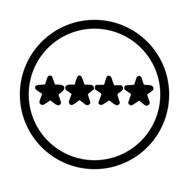 A minimalist black icon showing four stars in a row inside a circle. This symbol represents a positive review, customer satisfaction, or a high quality rating. Isolated on a white background.