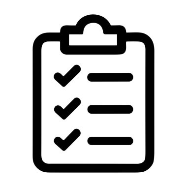 A simple black line icon of a clipboard holding a checklist. Three items are marked as complete with checkmarks, symbolizing task management, productivity, and completion.