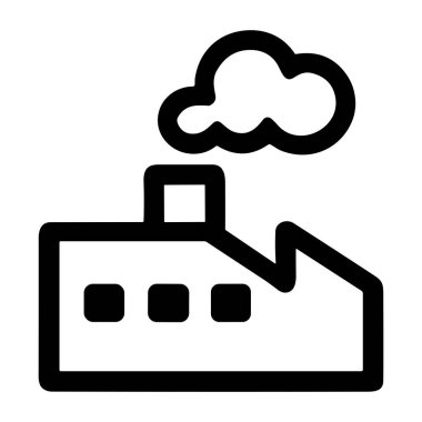 Bir endüstriyel fabrikayı temsil eden basit bir siyah beyaz çizgi sanat ikonu. Grafikler bacası olan bir binanın havaya duman veya buhar bulutu yaydığını gösteriyor..