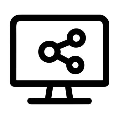 A minimalist line art icon showing a share symbol inside a computer monitor. Represents digital sharing, social media, and online connectivity. Vector illustration.