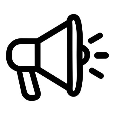 A simple black and white line art icon of a megaphone or bullhorn. This graphic symbol represents public speaking, announcements, marketing, alerts, and loud communication.