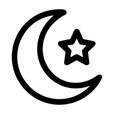 Hilal şeklindeki bir ayın ve beş köşeli bir yıldızın minimalist siyah beyaz çizgisi. Beyaz bir arka planda izole edilmiş, İslam inancının iyi bilinen bir sembolü..
