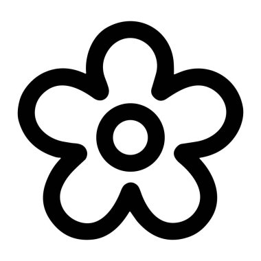 Bir çiçeğin minimalist çizgisi. Bu basit çiçek sembolü, beş yuvarlak taç yaprağı ve temiz beyaz bir arkaplanda siyah bir ana hat olarak sunulan dairesel bir merkezden oluşuyor..