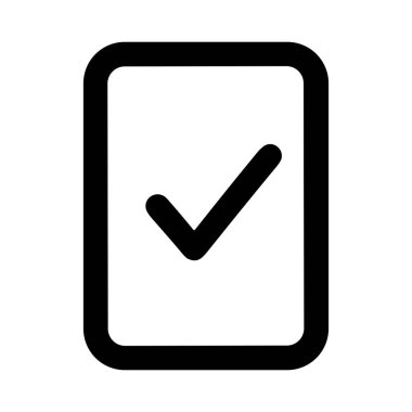 Yuvarlak köşeli dikdörtgen içinde bir işaret veya kene gösteren minimalist siyah çizgi resim simgesi. Beyaz arka planda izole edilmiş, onay, tamamlama veya doğruluğu simgeler..