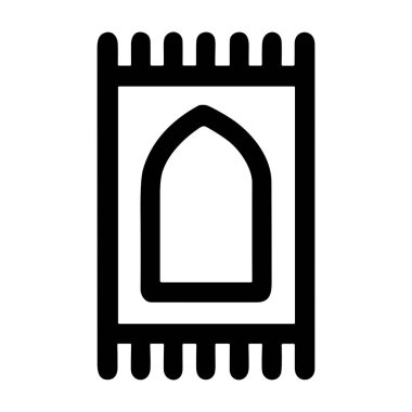 Müslüman dua halısı ya da sajadah gibi basit bir siyah beyaz çizgi ikonu. Grafikte, İslami namaz için kenarları ve merkezi kemer tasarımı olan dikdörtgen bir mat yer alıyor..