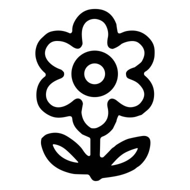 Bir çiçeğin minimalist siyah beyaz vektör çizimi. Bu basit grafik altı yuvarlak taç yaprağı, bir dairesel merkez, bir gövde ve iki yaprak içerir. İzole edilmiş simge.
