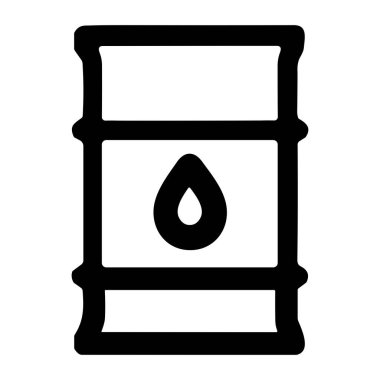 Kenarında tek bir damla sembolü bulunan ham petrol veya petrolden oluşan bir varil tasvir eden minimalist bir siyah beyaz vektör ikonu. Beyaz bir arkaplanda izole edilmiş.