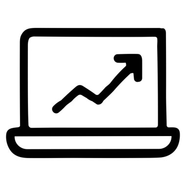 Dizüstü bilgisayarın basit siyah beyaz çizgili sanat simgesi. Ekran, büyümeyi, başarıyı ve veri analizini sembolize eden yukarı doğru bir ok ile yükselen bir grafik gösterir..