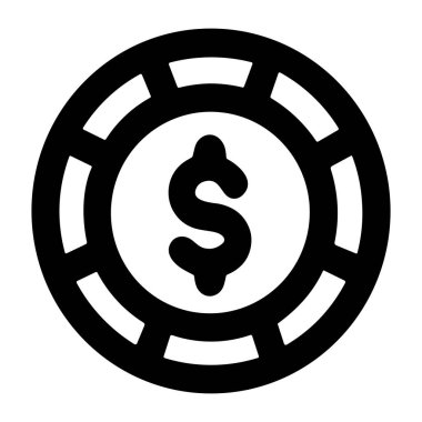 Yuvarlak poker jetonu ya da kumarhane çipinin minimalist bir sanat simgesi. Merkezde, para, bahis ve zenginliği sembolize eden önemli bir dolar işareti bulunuyor..