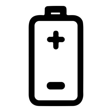 Pozitif ve negatif terminalleri gösteren minimalist bir pil simgesi. Bu basit siyah beyaz çizgi sanatı elektronik cihazlar için güç, enerji ve şarjı temsil eder..