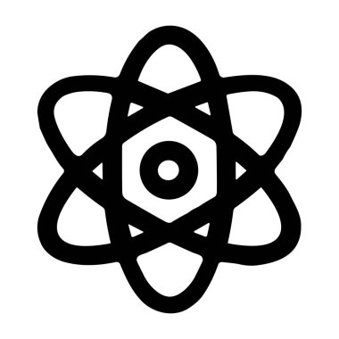 Bir atomun minimalist grafik çizimi. Bu bilim sembolü merkezi bir çekirdeğe ve elektronları temsil eden üç kesişen eliptik yörüngeye sahiptir. İzole vektör simgesi.