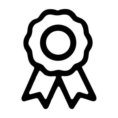 Bir minimalist siyah taslak ikonu dairesel bir ödül madalyası tasvir ediyor, kenarları taranmış ve aşağıda iki kurdele asılı. Başarı, kalite ve kazanmayı temsil eder.