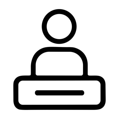 Tezgahın veya masanın arkasındaki bir kişinin minimalist siyah-beyaz vektör simgesi. Kullanıcı hesapları, resepsiyon, destek hizmetleri veya dijital arayüzlerde resmi temsil için uygundur.