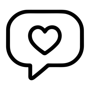 Sohbet ya da konuşma balonunda kalp sembolünü gösteren basit bir monokrom simgesi. Beğeniler, favoriler ve beyaz arka planda dijital iletişimde sevgiyi ifade etmek için kullanılır..