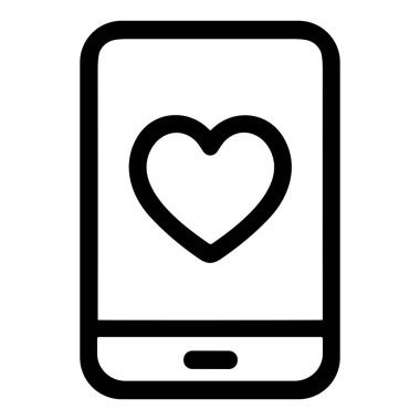 Bir cep telefonunun kalp sembolünü gösteren basit bir siyah beyaz çizgi simgesi. Bu vektör grafiği çevrimiçi randevu, sağlık uygulamaları, sosyal medya sevdikleri veya favori kişiler gibi kavramları temsil eder..