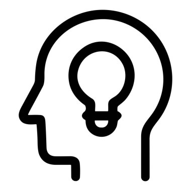 Bir minimalist çizgi sanat ikonu, içinde bir ampul bulunan bir insan kafasını gösteriyor, yaratıcılığı, yeni fikirleri, beyin fırtınasını ve entelektüel öngörüyü simgeliyor..