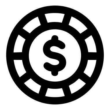 Kumarhane poker çipinin basit bir düz monokrom simgesi. Dairesel simgede para, bahis, finans ve zenginliği sembolize eden belirgin bir dolar işareti yer alıyor. Beyaz bir arkaplanda izole edilmiş.