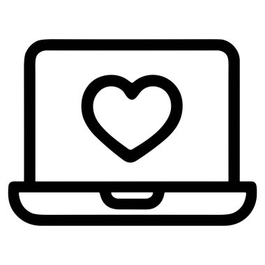 Bir dizüstü bilgisayarın kalp gösteren basit bir siyah beyaz çizgi simgesi. Bu sembol online randevu, aşk, sosyal medya ve dijital romantizmi temsil ediyor..