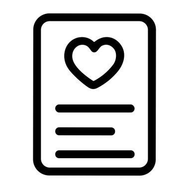 Basit bir siyah beyaz çizgi resim simgesi. Üstünde bir kalp, altında da metin satırları olan bir kart ya da belge tasvir ediyor. Aşk mektupları, sağlık kayıtları ya da favori listeleri gibi kavramları temsil eder.