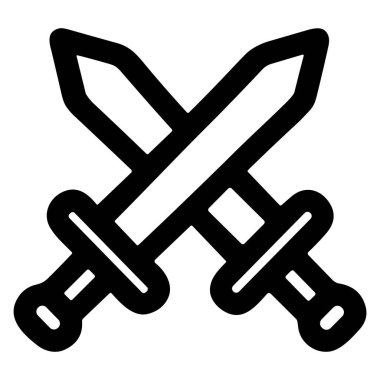 X şeklinde kesişen iki kılıç tasvir eden minimalist bir siyah beyaz vektör ikonu. Bu sembol savaş, savaş, savaş, düello ve ortaçağ silahlarını temsil ediyor..