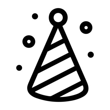 Çizgili parti şapkası ve konfetili basit bir siyah çizgi ikonu. Bu vektör grafiği doğum günü, yıldönümü ya da herhangi bir kutlama tasarımı için mükemmeldir..