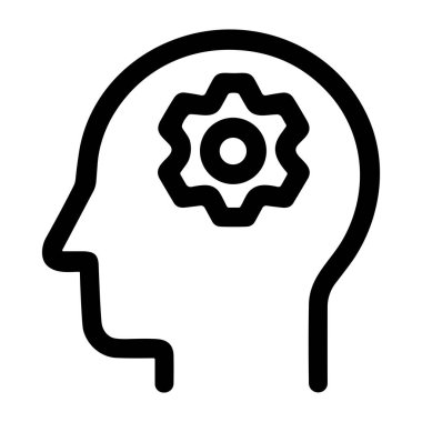 Beyin bölgesinde dişli çarklı bir insan kafası siluetinin basit bir simgesi. Düşünceyi, psikolojiyi, problem çözmeyi ve entelektüel çalışmayı sembolize eder.