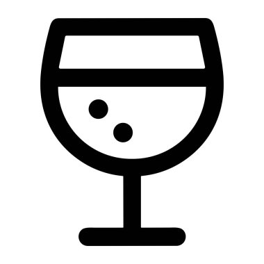 Şarap kadehinin minimalist siyah ana hatlı simgesi. Bardakta şarap veya şampanyayı temsil eden küçük baloncuklu bir içecek var. İzole vektör illüstrasyonu.