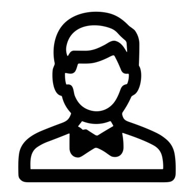 Bir insanın büstünün minimalist siyah beyaz vektör simgesi. Bu figür papyon takıyor, bu da garson, damat ya da resmi kıyafet olduğunu gösteriyor. Kullanıcı profilleri veya servis simgeleri için ideal.