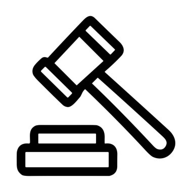 Beyaz bir arka planda izole edilmiş, hukuku, adaleti ve otoriteyi sembolize eden, yargıç ya da müzayedecileri tasvir eden temiz ve basit bir siyah taslak ikonu..