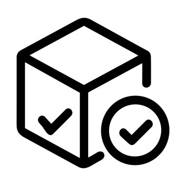 İşaretli bir kutu ya da paket gösteren minimalist bir çizgi simgesi ve ayrı bir dairesel işaret simgesi. Emir onayı, kalite onayı veya başarılı teslimatı temsil eder.