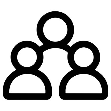 Üç kişilik bir takımı tasvir eden minimalist siyah beyaz bir simge. Bu sembol topluluk, işbirliği, sosyal ağ ve liderlik gibi kavramları temsil eder..