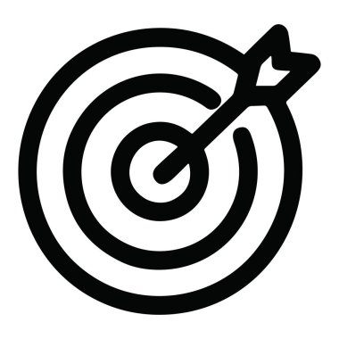 Yuvarlak bir hedefin minimalist siyah ana hatlı simgesi. Hedefin tam ortasına isabet eden ok, başarının sembolü ve beyaz bir arkaplanda izole edilmiş hedeflere ulaşmayı simgeliyor.