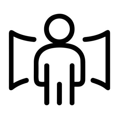 Ekranlarla veya geniş görüş alanıyla çevrili bir insan figürünün minimalist vektör simgesi. VR, AR, panoramik görünüm ve büyüleyici teknoloji gibi kavramları temsil eder.