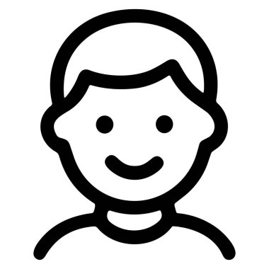 Mutlu bir genç erkek ya da erkek çocuğu gösteren basit ve temiz bir vektör grafik ikonu. Bu minimalist avatar sembolü kullanıcı profilleri, web tasarımı ve uygulamalar için mükemmeldir.